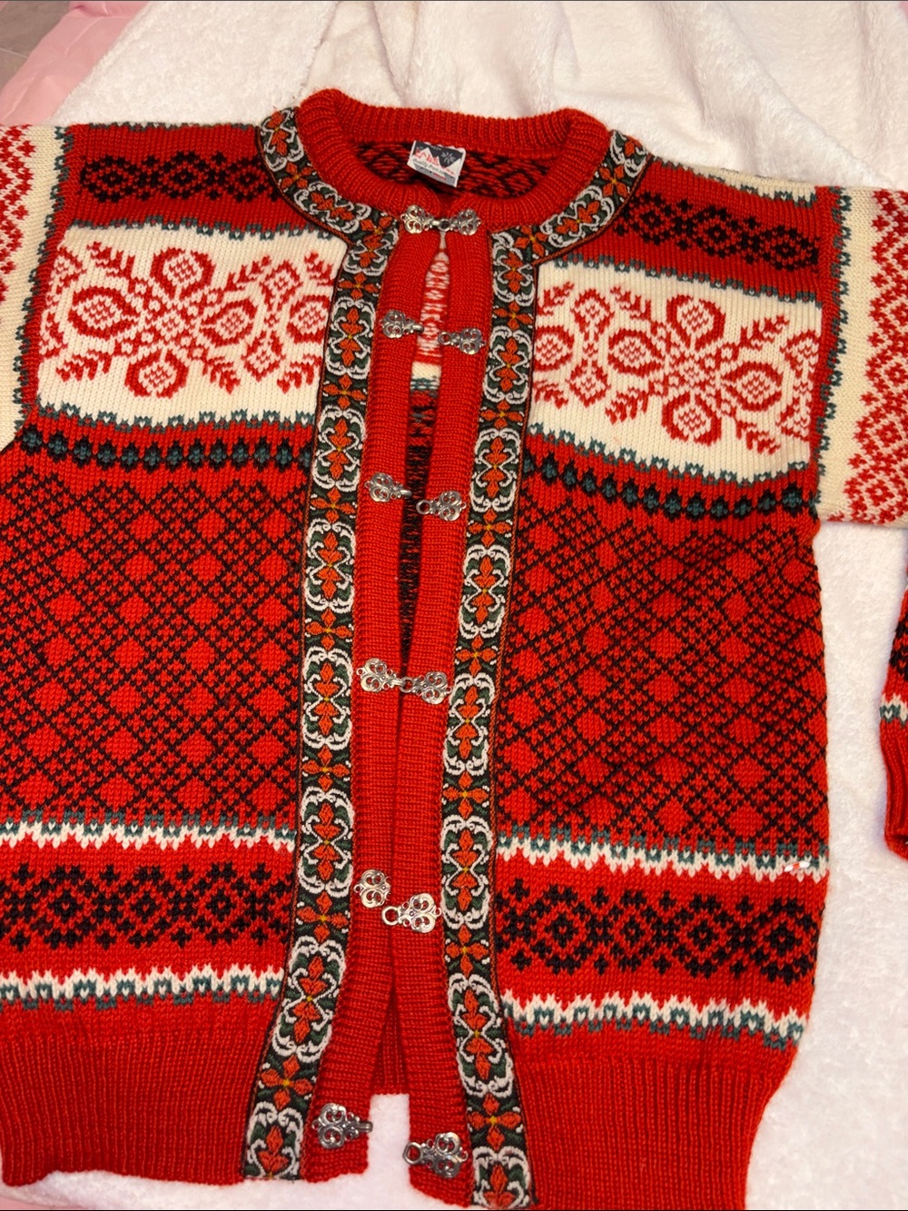 Dale of Norway Red Nordic Toggle-Front Cardigan with Cream Accents
